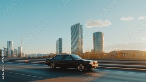 A realistic city highway scene with a black sedan driving fast on the highway, a modern city skyline with tall buildings in the background
