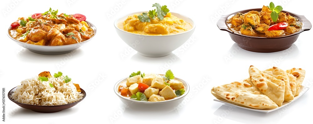 A grid of various Indian dishes on plates, white background A grid of various Indian dishes on plates, white background