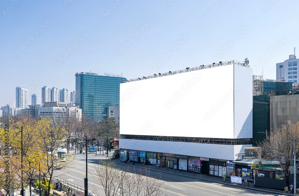 A realistic city scene with a large blank billboard in a modern urban street, surrounded by tall buildings and green trees, pedestrians and vehicles on the street A realistic city scene with a large blank billboard in a modern urban street, surrounded by tall buildings and green trees, pedestrians and vehicles on the street