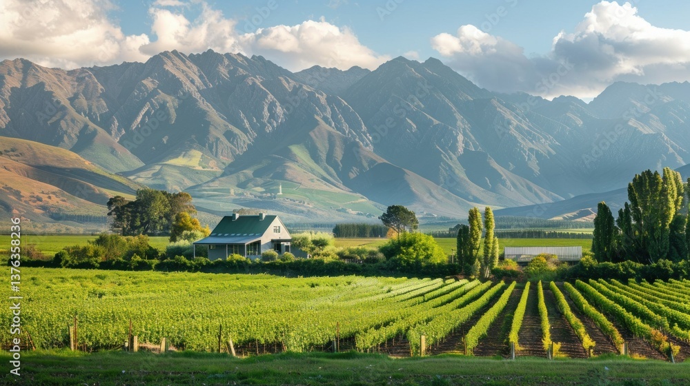Obraz premium A tranquil farm scene with a small house and lush fields, with towering mountains in the background.