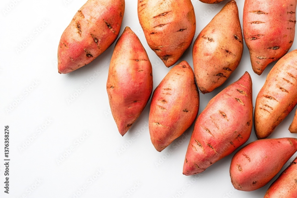 Colorful sweet potatoes arranged artistically on plain surface s Colorful sweet potatoes arranged artistically on plain surface s