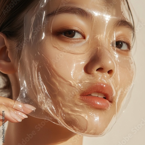Close-up shot of a Korean skincare model woman with perfect