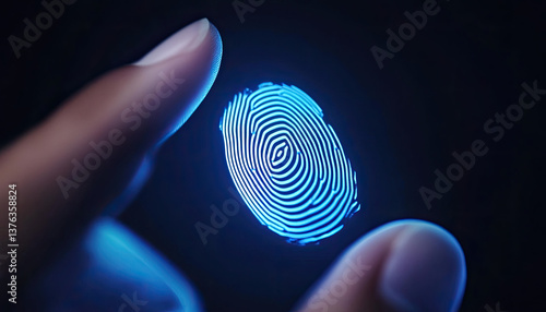 A digital fingerprint is displayed against a dark background, highlighting the intricate patterns in a glowing blue hue.
