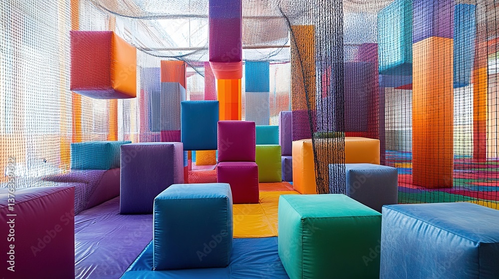 Fototapeta premium A bright indoor playground scene filled with colorful soft foam blocks in purple, orange, yellow, and blue, surrounded by colorful netted walls, sunlight streaming through windows