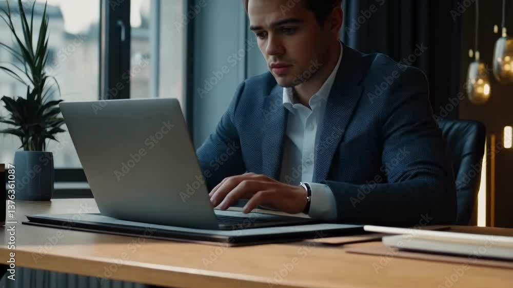 A young man in a tailored suit is concentrating on his laptop while seated at a stylish desk in a bright office. Natural light illuminates the workspace, enhancing productivity A young man in a tailored suit is concentrating on his laptop while seated at a stylish desk in a bright office. Natural light illuminates the workspace, enhancing productivity