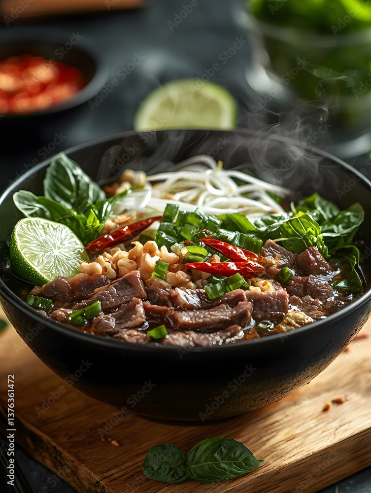 Steaming bowl of Vietnamese pho with fresh herbs and noodles. Generative AI Steaming bowl of Vietnamese pho with fresh herbs and noodles. Generative AI