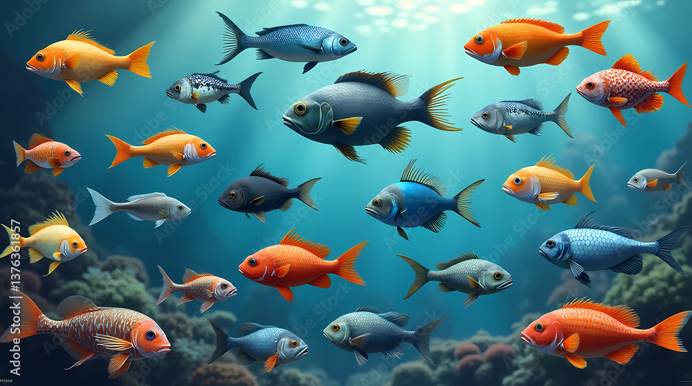 Naklejka premium A vibrant, colorful image of various fish swimming in a coral reef environment.