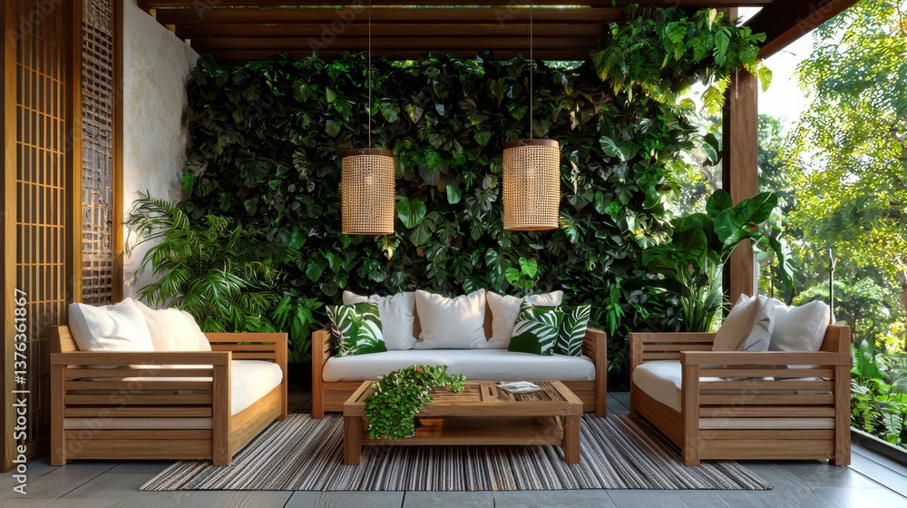 Serene Outdoor Living Capturing the Essence of a Lush Balcony Retreat with Natural Wood Furniture, Vibrant Greenery, and Inviting Comfort Immerse Yourself in this Tranquil Scene, Where Relaxation Serene Outdoor Living Capturing the Essence of a Lush Balcony Retreat with Natural Wood Furniture, Vibrant Greenery, and Inviting Comfort Immerse Yourself in this Tranquil Scene, Where Relaxation