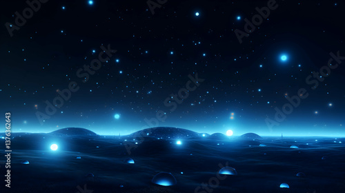 A serene alien landscape bathed in ethereal blue light, under a sky teeming with bright stars, creating a mystical and peaceful atmosphere.