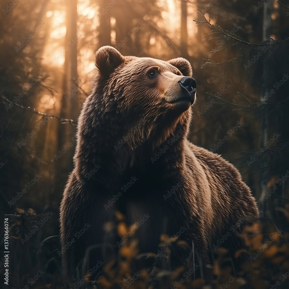 Obraz premium Powerful bear walking along the forest stream with trees image