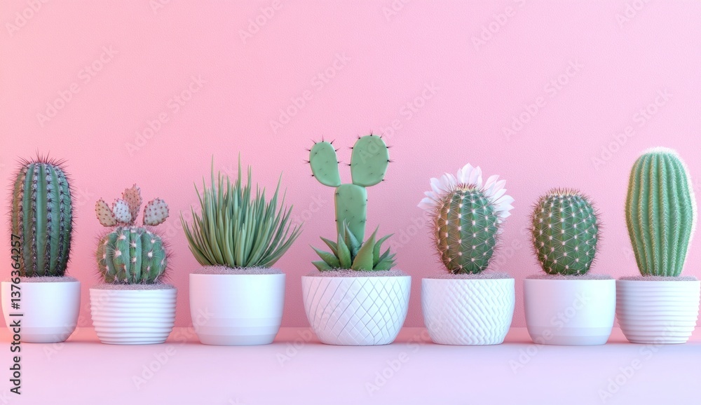 Cacti in various shapes and sizes sit in minimalistic pastel pink and white pots against a soft pink wall, creating a cozy atmosphere Cacti in various shapes and sizes sit in minimalistic pastel pink and white pots against a soft pink wall, creating a cozy atmosphere