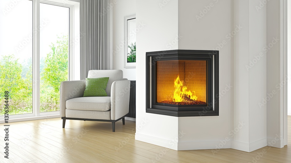 Bright and Modern Living Room with Corner Fireplace, Cozy Armchair, Lime Green Pillow, and Large Filling Space with Natural Light Bright and Modern Living Room with Corner Fireplace, Cozy Armchair, Lime Green Pillow, and Large Filling Space with Natural Light