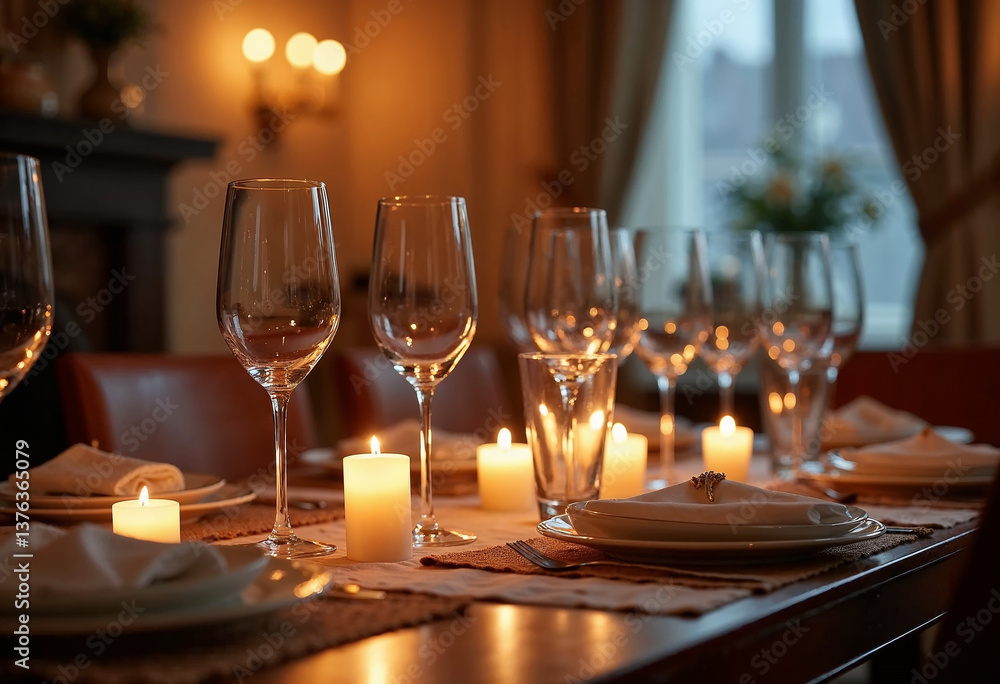 Elegant housewarming dinner setup with candlelight and warm ambiance in a cozy home Elegant housewarming dinner setup with candlelight and warm ambiance in a cozy home