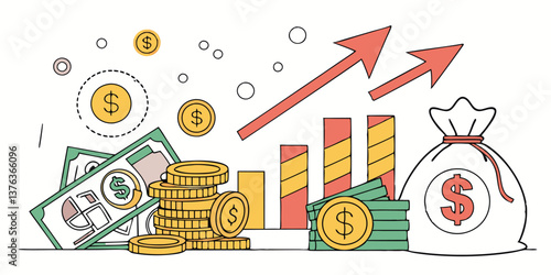 Vector illustration depicting financial growth with coins, bills, and a money bag emphasizing investment trends and economic development