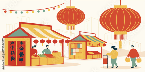 Festive market street during the celebration featuring traditional lanterns and diverse vendors showcasing local delicacies and crafts