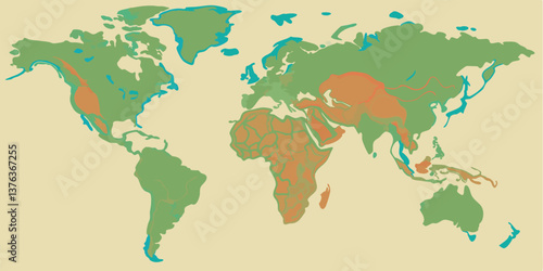 Colorful vector illustration of a world map showing continents, oceans, and geographical features in a unique artistic style for educational and creative purposes