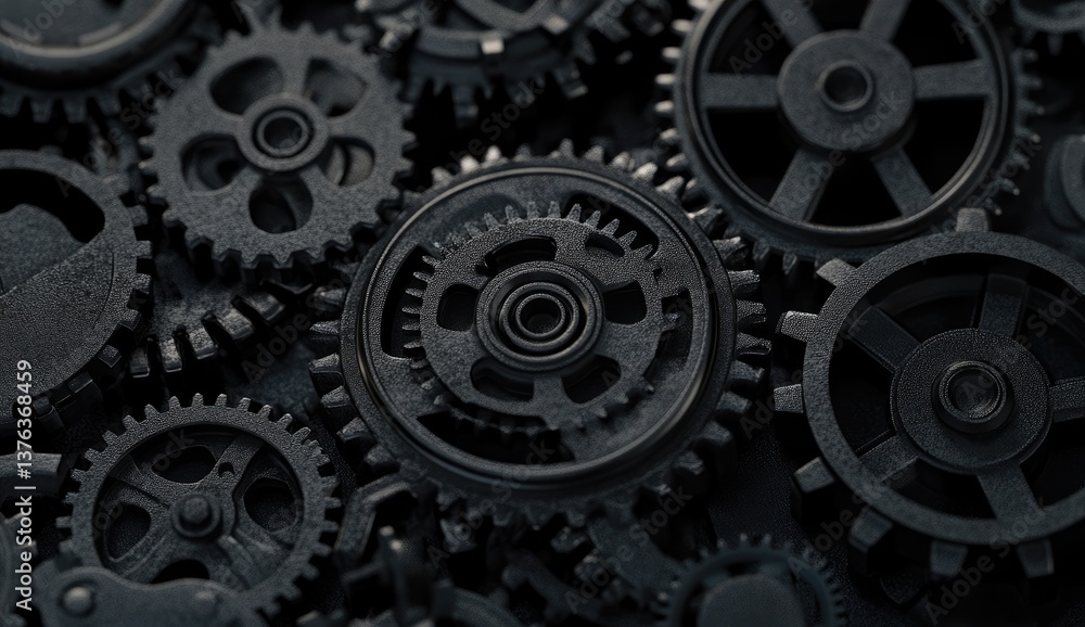 Close-up view of intricate, overlapping gears, exhibiting a complex mechanical system. Dark, metallic, and detailed components suggest precision engineering Close-up view of intricate, overlapping gears, exhibiting a complex mechanical system. Dark, metallic, and detailed components suggest precision engineering