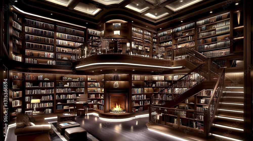Cozy personal library. Fireplace glows. Bookshelves use, knowledge Cozy personal library. Fireplace glows. Bookshelves use, knowledge