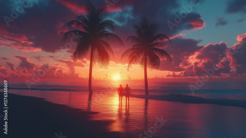 Romantic couple silhouetted at sunset on a tropical beach with palm trees vibrant sky and calm ocean