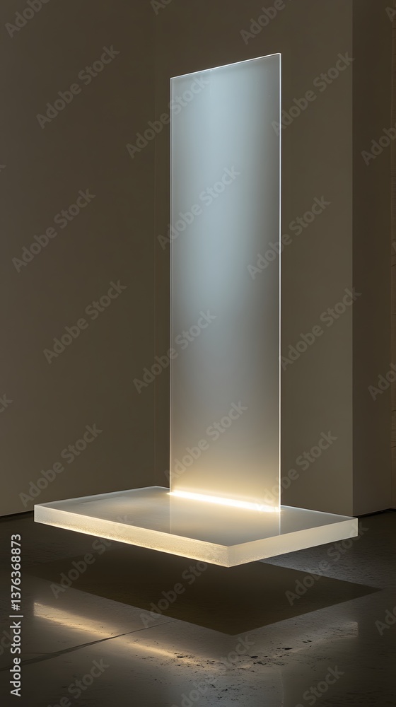 A floating podium with a frosted glass surface and integrated LED lights from beneath, softly glowing to create an elegant display space. A floating podium with a frosted glass surface and integrated LED lights from beneath, softly glowing to create an elegant display space.