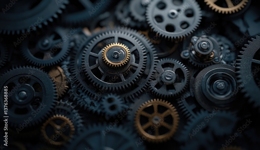Intricate gear system. Detailed close-up view of a complex meshing mechanism Intricate gear system. Detailed close-up view of a complex meshing mechanism
