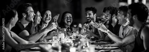 Obraz na płótnie A group of friends sitting around a long table laughing w salonie