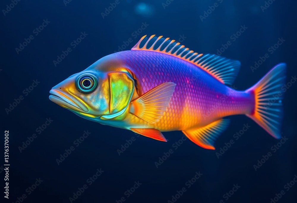 Vibrant aquatic creature with iridescent scales swimming in deep blue water, showcasing its stunning colors and unique fin structure. Vibrant aquatic creature with iridescent scales swimming in deep blue water, showcasing its stunning colors and unique fin structure.