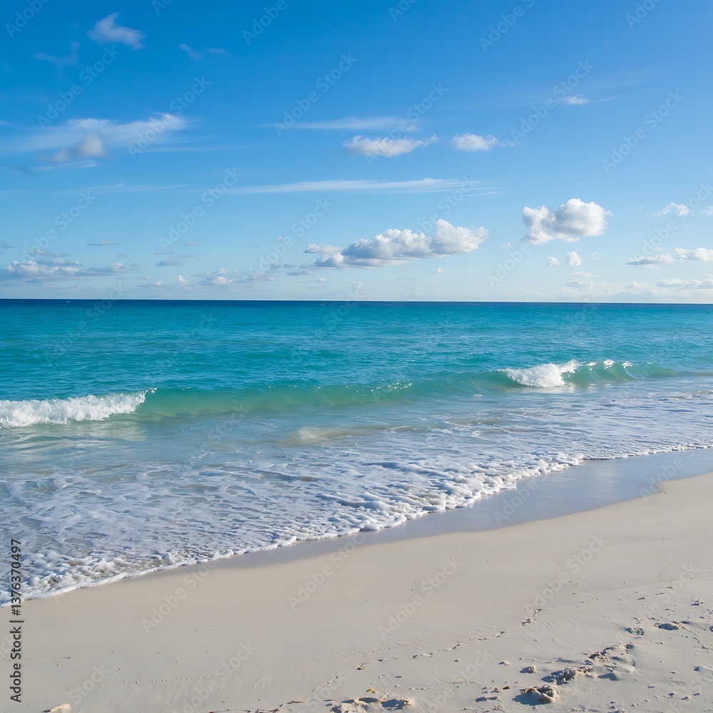 Obraz premium A breathtaking view of a pristine white sand beach meeting a vibrant turquoise ocean.