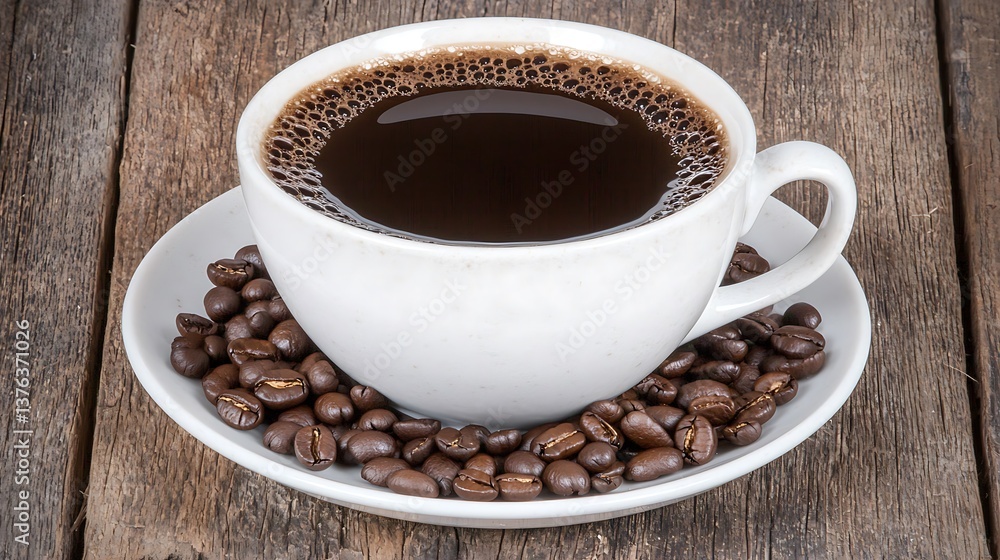 Dark coffee rests with beans on plate, on wood surface with rustic grain background. For morning, breakfast use Dark coffee rests with beans on plate, on wood surface with rustic grain background. For morning, breakfast use