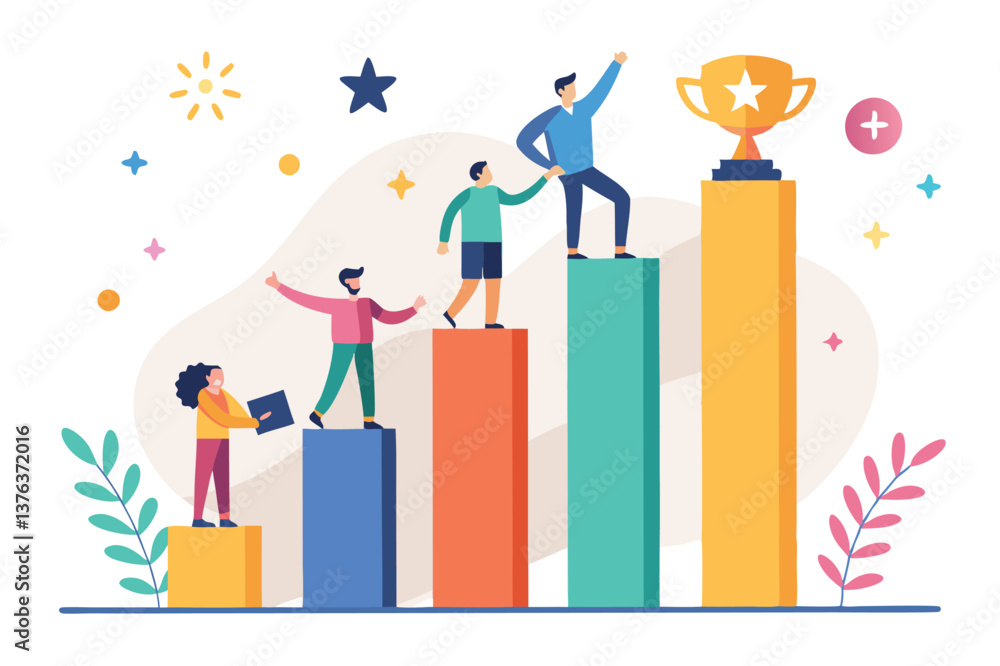 Vector illustration of people celebrating success and achievement through teamwork on colorful bars, showcasing growth and progress in a cheerful environment Vector illustration of people celebrating success and achievement through teamwork on colorful bars, showcasing growth and progress in a cheerful environment