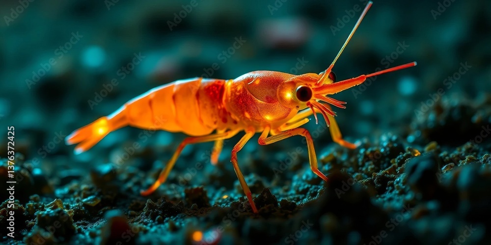 A luminous orange crustacean, with vibrant bioluminescent features, navigates a dark, textured terrain. A luminous orange crustacean, with vibrant bioluminescent features, navigates a dark, textured terrain.