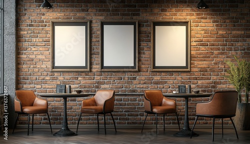 Fototapeta Naklejka Na Ścianę i Meble -  A cozy coffee shop scene with brown leather chairs and a round table, coffee cups on the table, brick wall and blank picture frames in the background