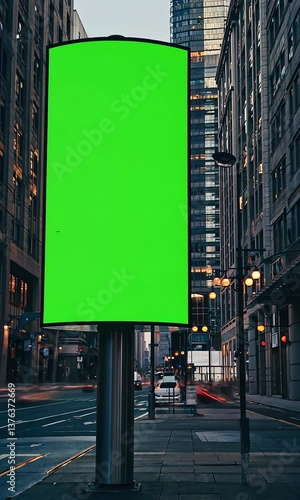 Timelapse of a Green Screen Billboard Towering Over a Bustling Cityscape, Showcasing Modern Architecture, Digital Advertising, and Vibrant Urban Nightlife