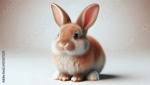 cute, fluffy and big-eared hare on a light beige plain background
