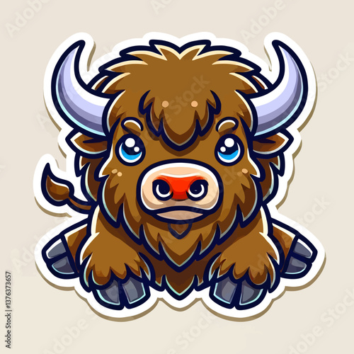 "Pegatina vectorial de bisonte en estilo cartoon, ideal para logotipos, estampados y merchandising. Diseño moderno y elegante en calidad premium."

