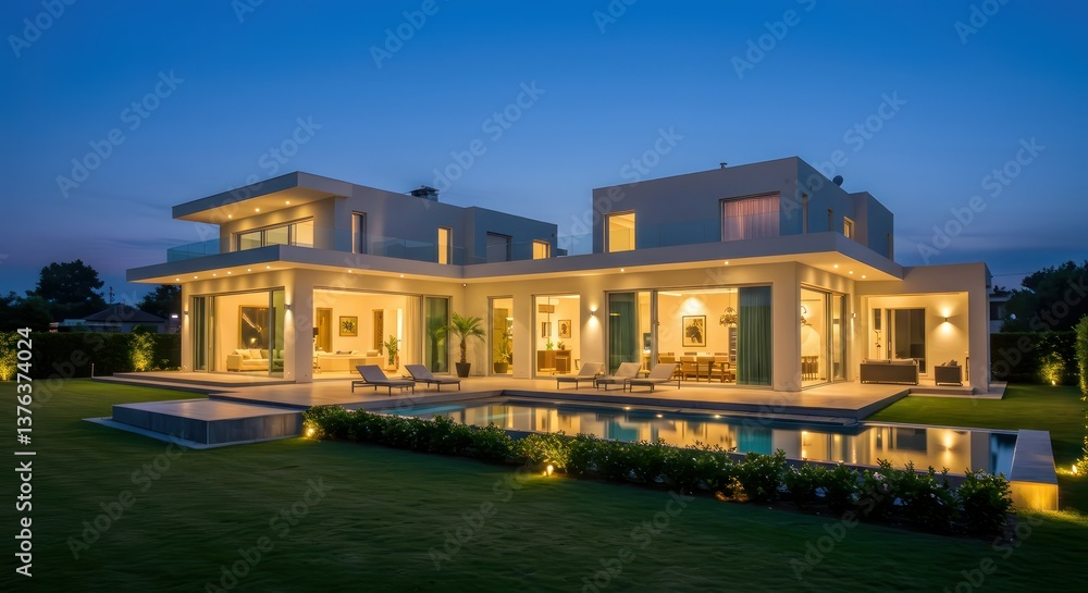 Modern Villa Night Poolside Lighting. Modern Villa Night Poolside Lighting.
