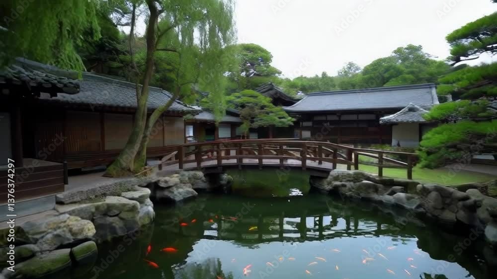 A pond with a bridge and a few trees. The pond is full of fish and the bridge is wooden A pond with a bridge and a few trees. The pond is full of fish and the bridge is wooden