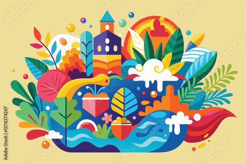Colorful vector illustration of a vibrant landscape featuring a whimsical village, lush foliage, and playful elements against a bright background