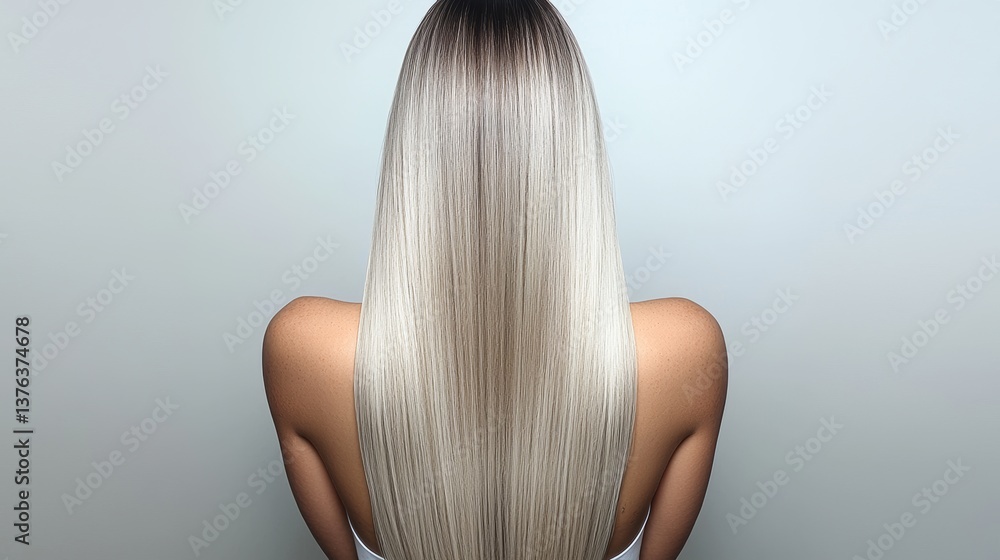 Naklejka premium Lustrous Silver-Blonde Hair Cascading Down the Back of a Woman's Shoulders