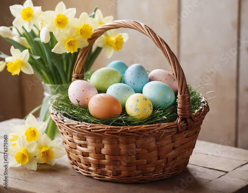 Pastel Easter Eggs in a Basket with Daffodils – Spring Holiday Atmosphere