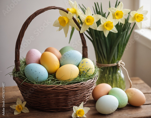 Pastel Easter Eggs in a Basket with Daffodils – Spring Holiday Atmosphere