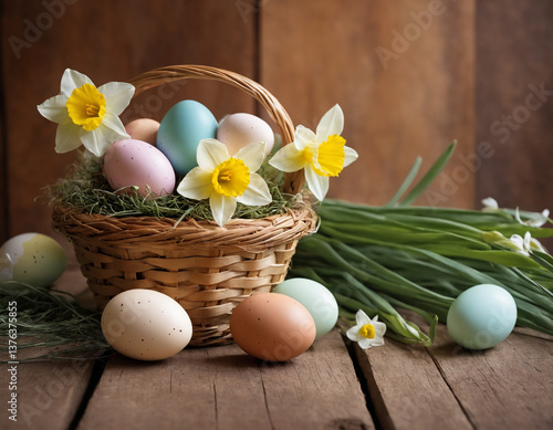 Pastel Easter Eggs in a Basket with Daffodils – Spring Holiday Atmosphere