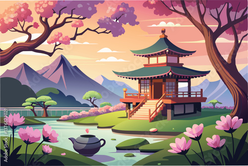 Serene sunset at a traditional Japanese tea house surrounded by blooming cherry blossoms and majestic mountains