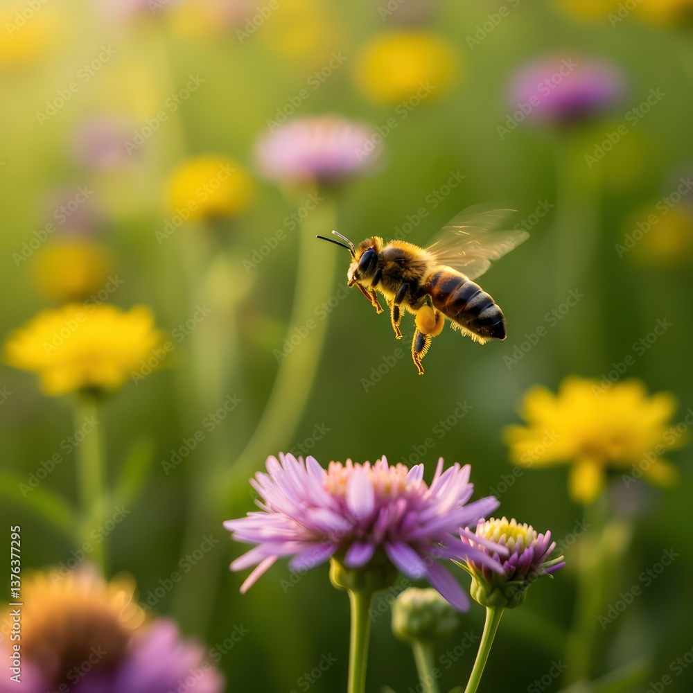 Bee in flight with flower meadow. Bee in flight with flower meadow.