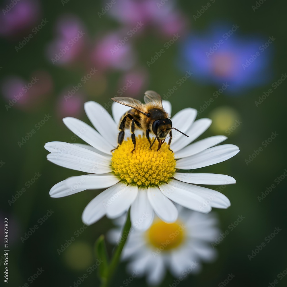 Bee pollinating daisy with garden bloom.