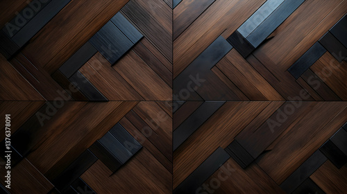 Dark wood planks in an intricate herringbone pattern, creating a sophisticated and textured wall design with deep shadows and rich, contrasting tones.