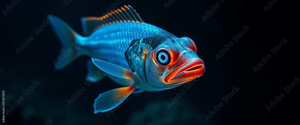 Naklejka premium A Vibrant Aquatic Creature with Strikingly Bright Colors, Swimming Gracefully in the Dark Depths of the Ocean