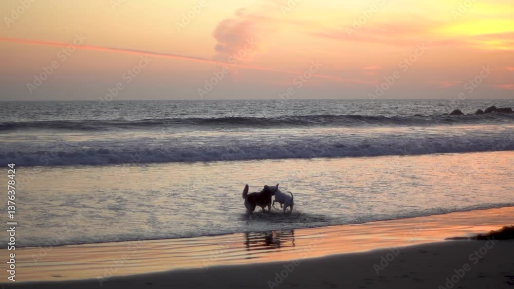 Dogs Playing in Ocean Waves at Sunset Beach Dogs Playing in Ocean Waves at Sunset Beach