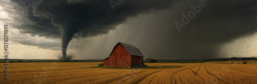 A tornado appears behind a barn in a midwestern rural area farm field. Panoramic wide angle view of a twister on the prairie horizon - severe weather in the midwest. Backdrop. Background.