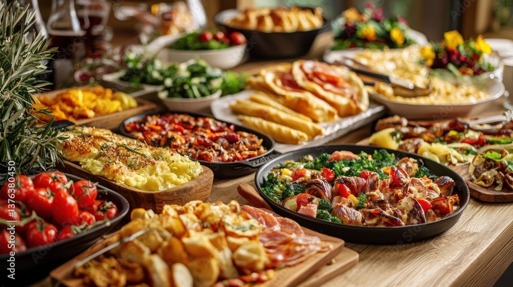 Bountiful Array of Colorful Dishes on a Rustic Wooden Table Bountiful Array of Colorful Dishes on a Rustic Wooden Table